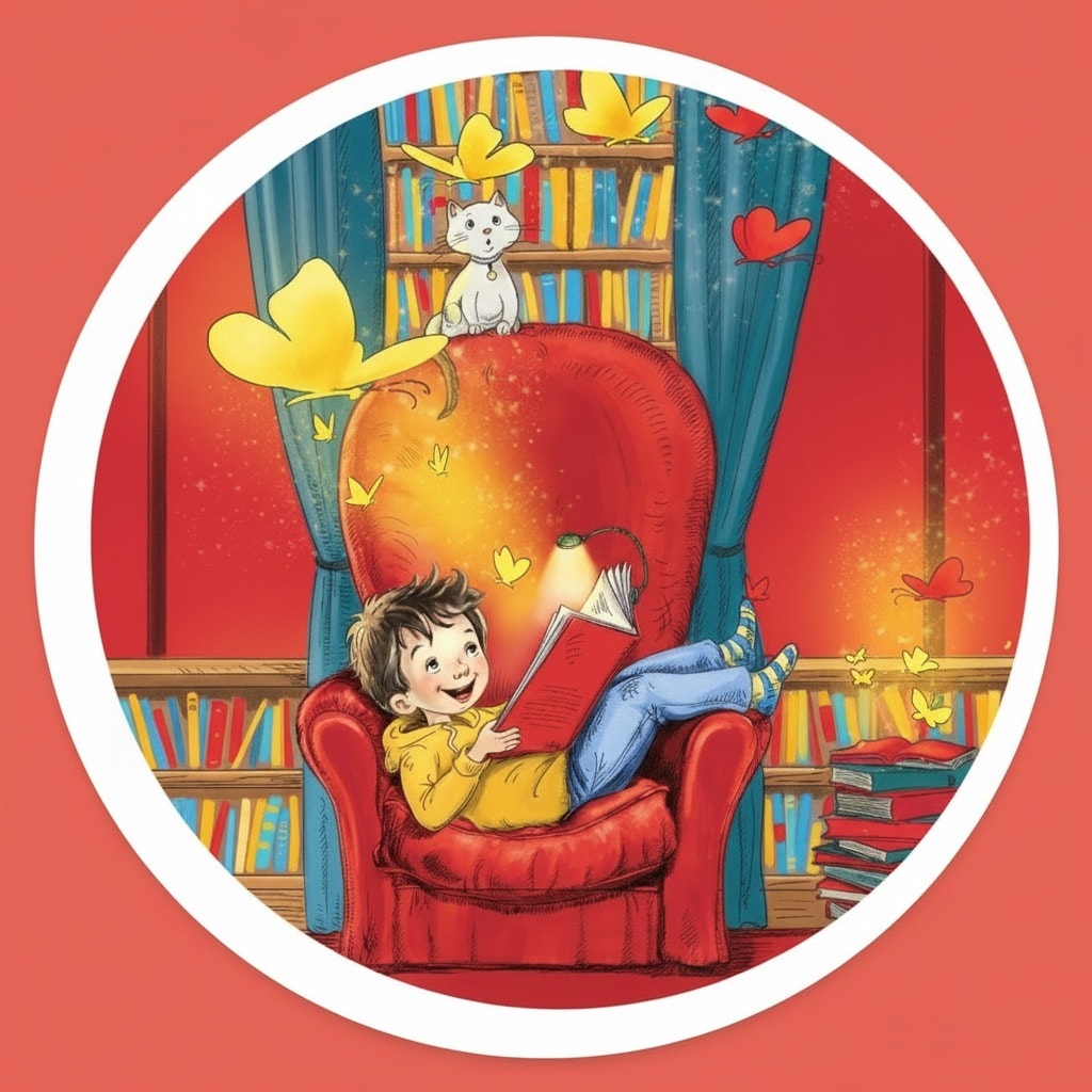 Child reading a book in an armchair surrounded by magical butterflies and a cat